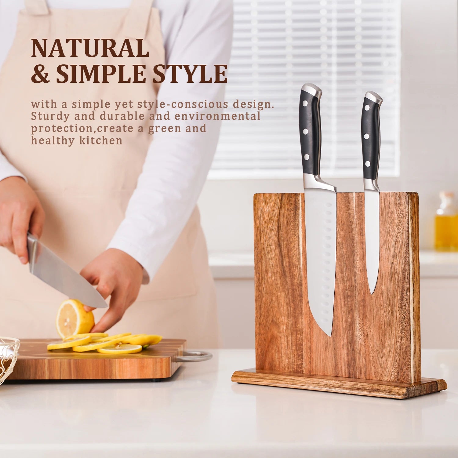 Handcrafted acacia wood magnetic knife block with natural finish
